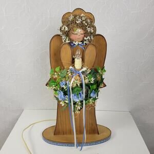 Vintage Wooden Lighted Christmas Angel Lamp 23" Tall Folk Primitive Crafts